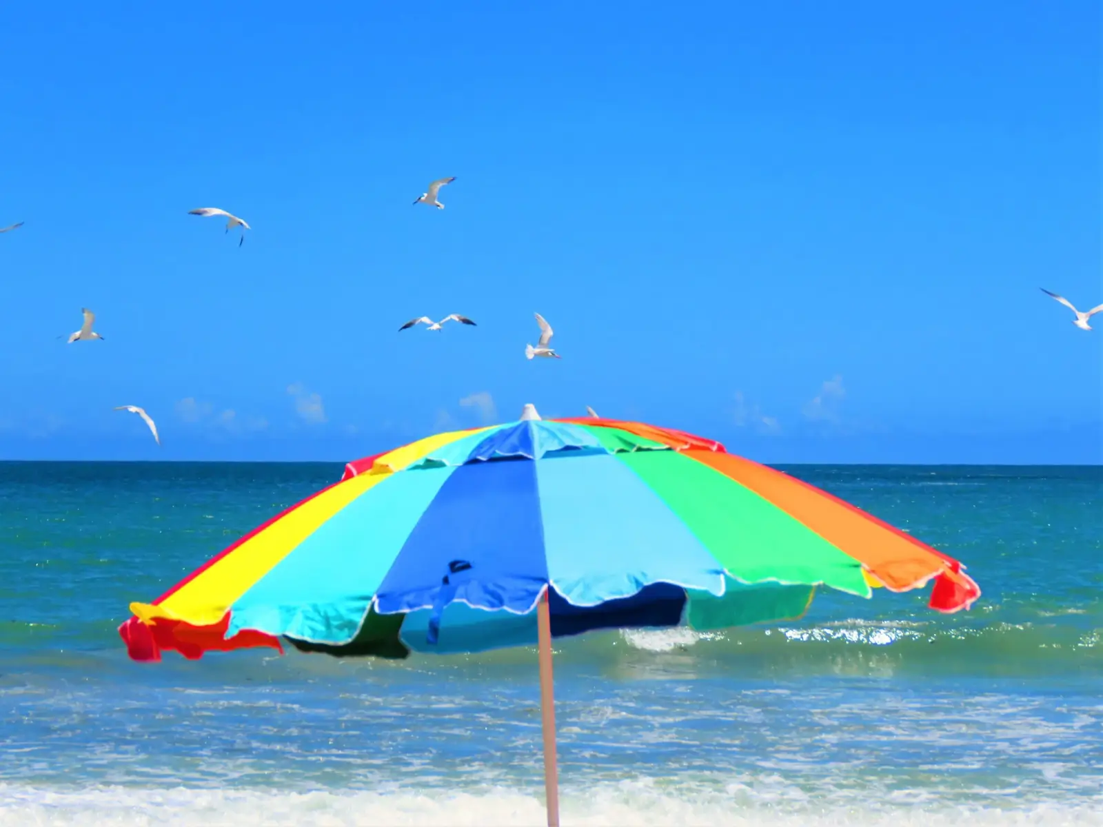 A colorful beach umbrella with seagulls flying in the background in St. Lucie.