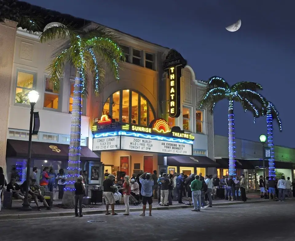 Exterior shot of the Sunshine Movie Theatre at night